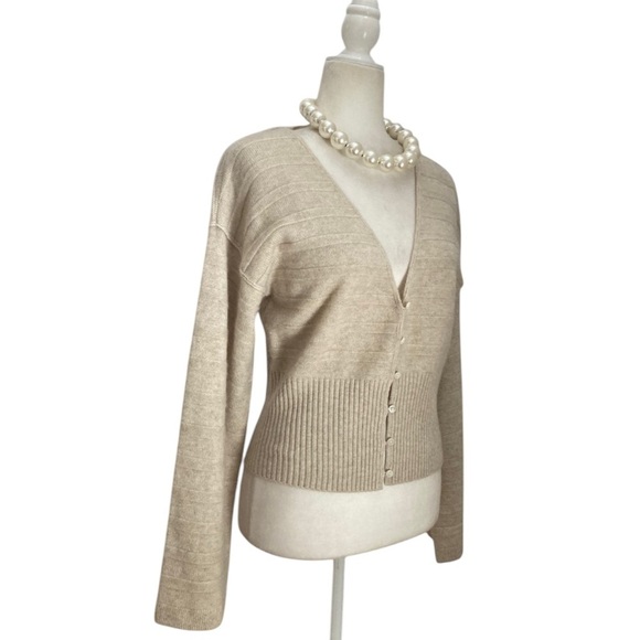 Club Monaco Cashmere Cardigan Sweater NWT Ribbed Bell Sleeves in Creamy Beige - Picture 2 of 11